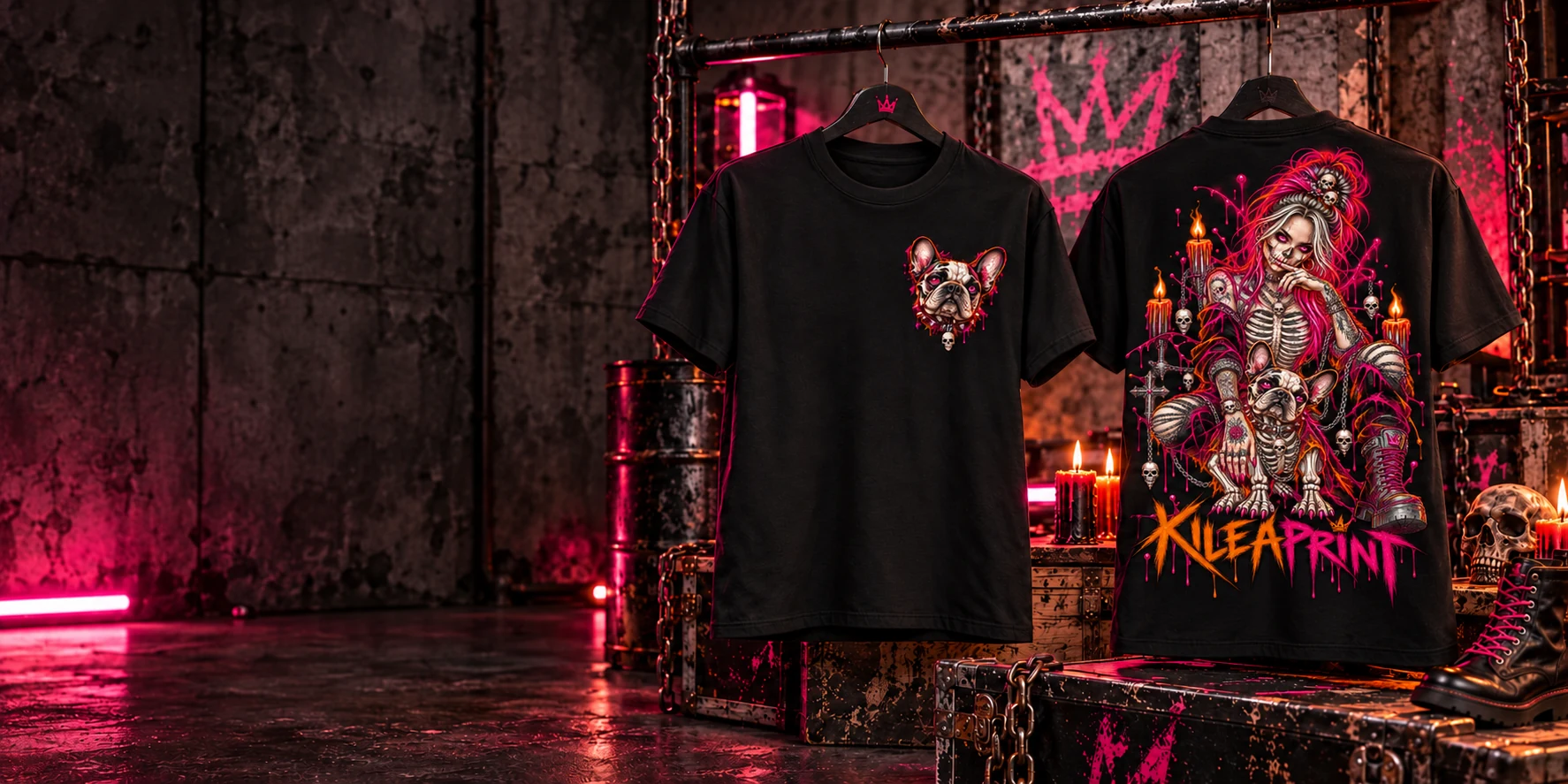 Schwarze Kilea-Shirts mit Bulldogge und dem pinken Motiv Bad Girl & Dog
